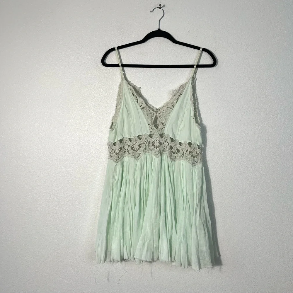 Free People Ilektra Mini Slip Babydoll Dress Large in Mint Green Boho Fairy